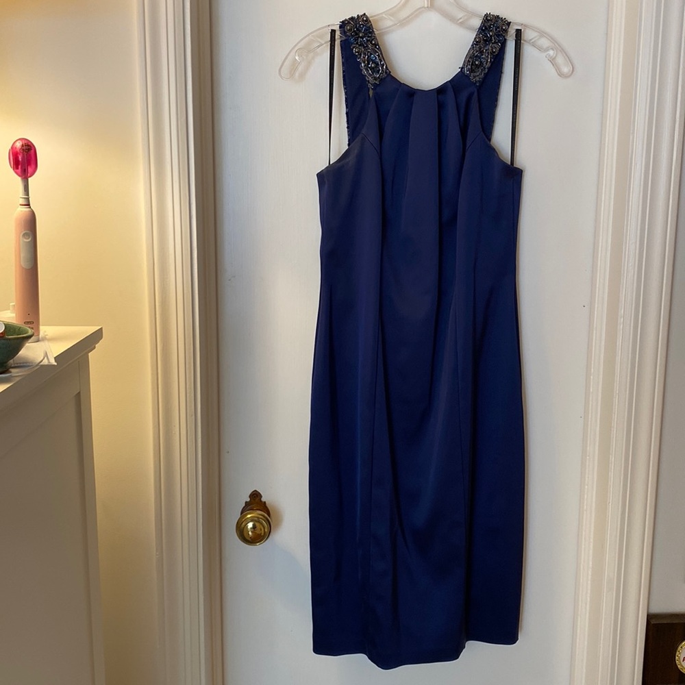 David Meister navy blue dress with beaded neck detail, size 2